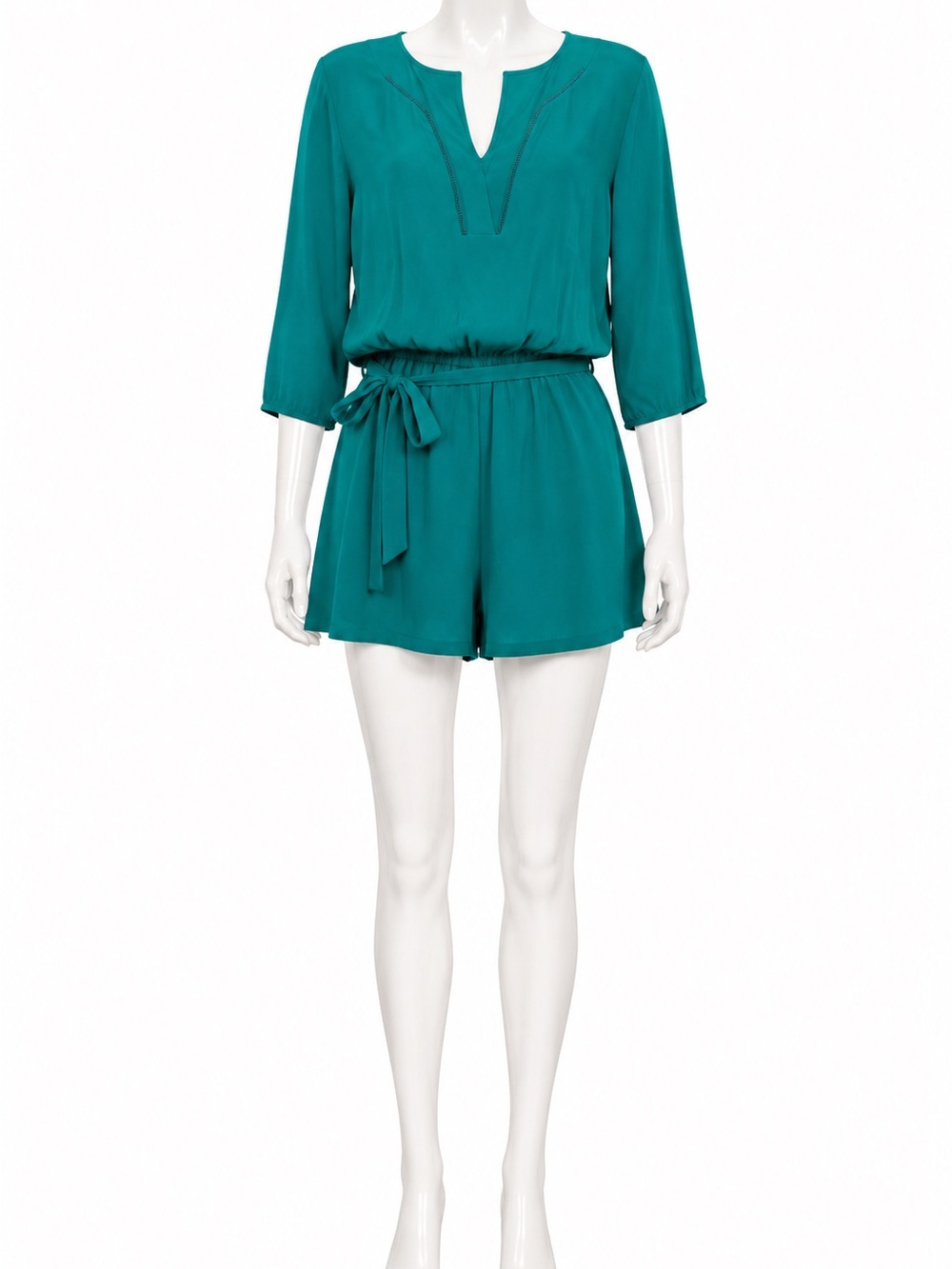 JustFab Womens 2X Teal V-Neck Romper 3/4 Sleeve Tie Waist Rayon Shorts Jumpsuit
